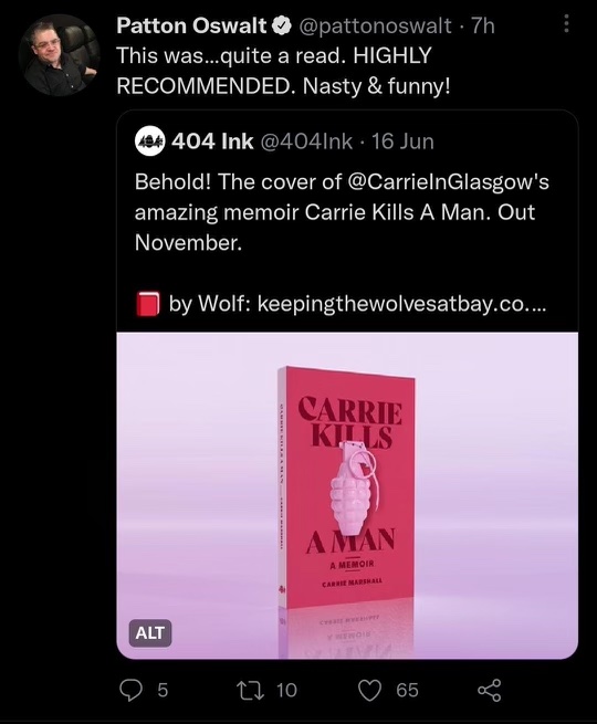 Patton Oswalt on Twitter recommending Carrie Kills A Man