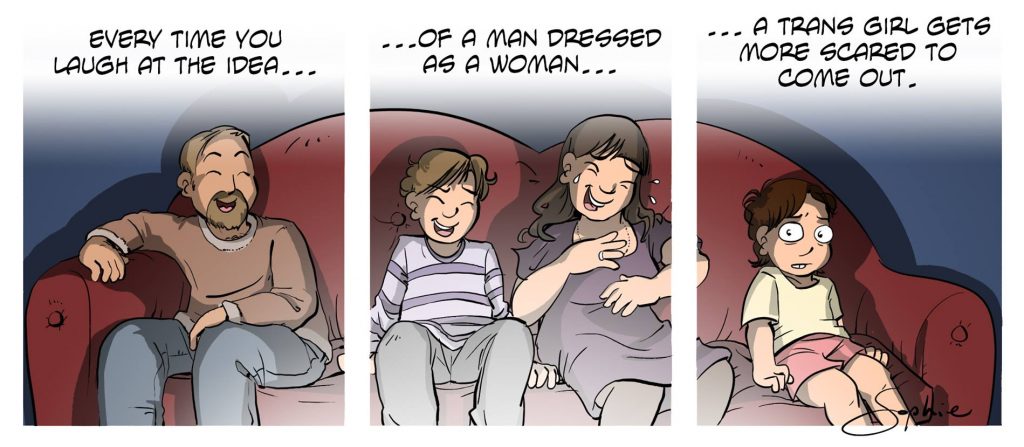 Cartoon by Sophie Labelle: every time you laugh at the idea of a man dressed as a woman a trans girl becomes more scared to come out