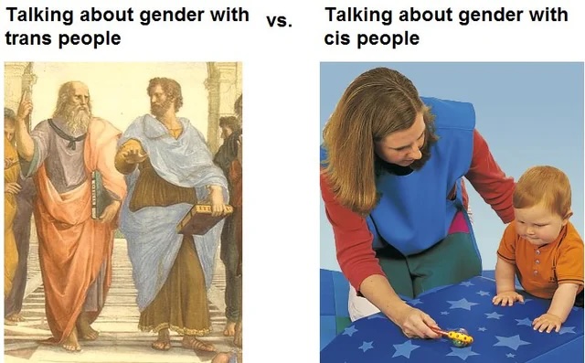 Two images, one of greek philosophers captioned "talking about gender with trans people" and one of a small child being spoken to by a parent or carer marked "talking to cis people about gender".